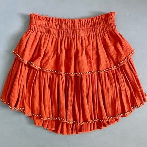 Free People x KAS New York Burnt Orange Gold Beaded Raw Edge Tiered Mini Skirt